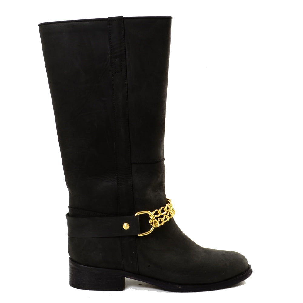 Camperos Western Boots with Golden Chain Black Rigid Leather - 8
