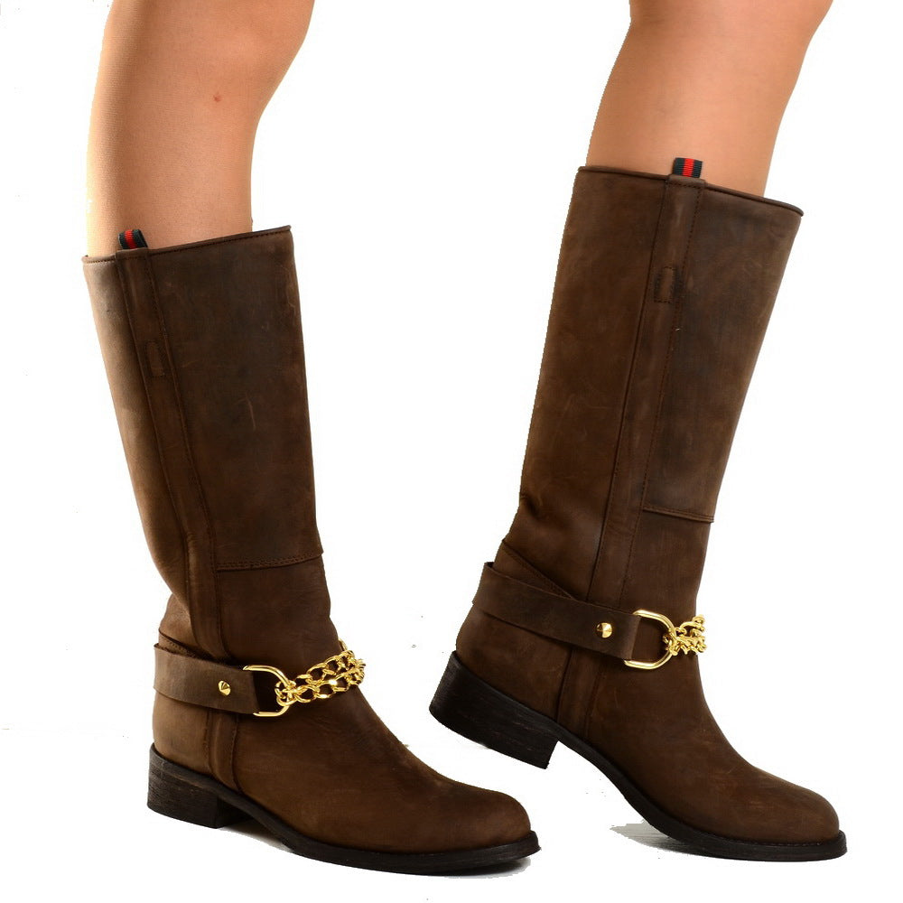 Stivali Camperos Western con Catena dorata Pelle Rigida Marrone - 3