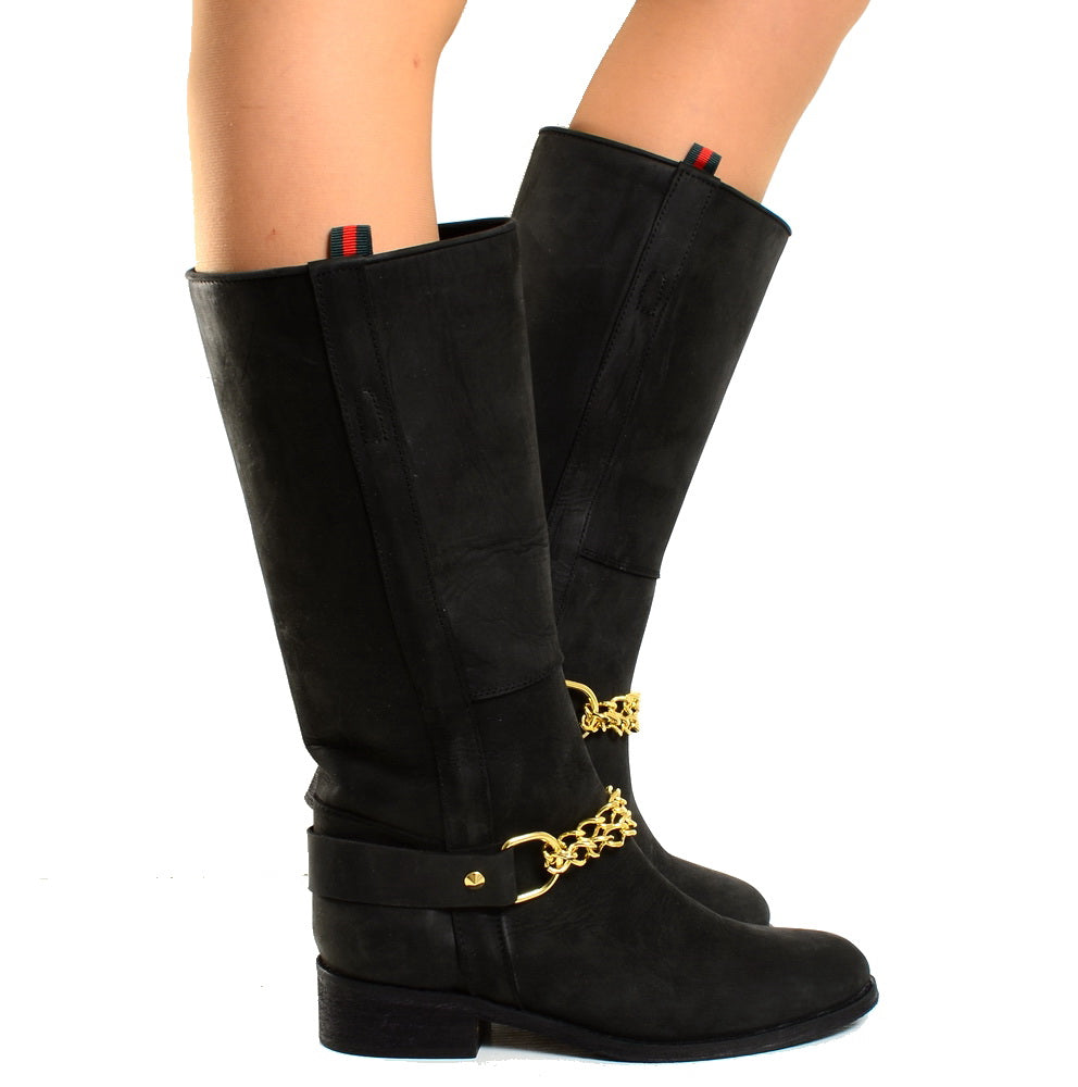 Stivali Camperos Western con Catena dorata Pelle Rigida Nera - 2