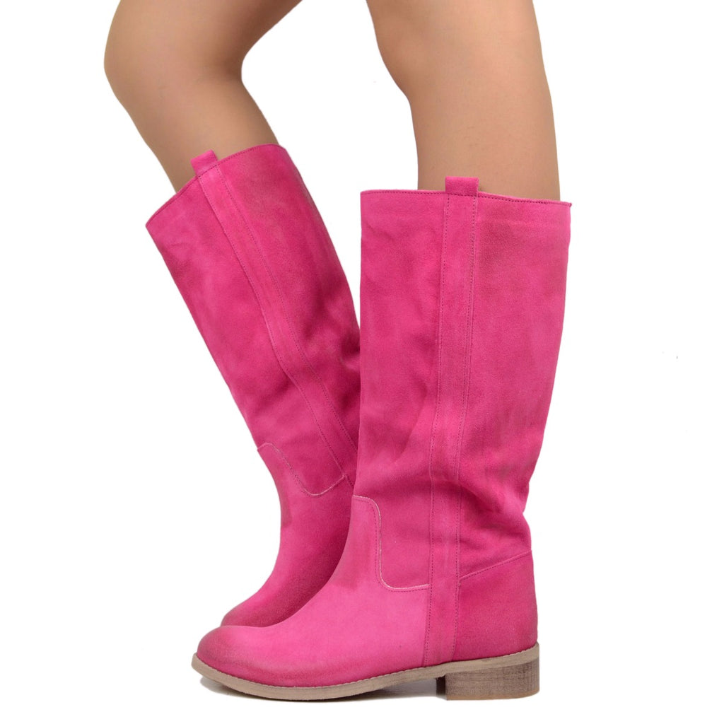 Camperos Women's Boots in Fuchsia Suede Leather Made in Italy