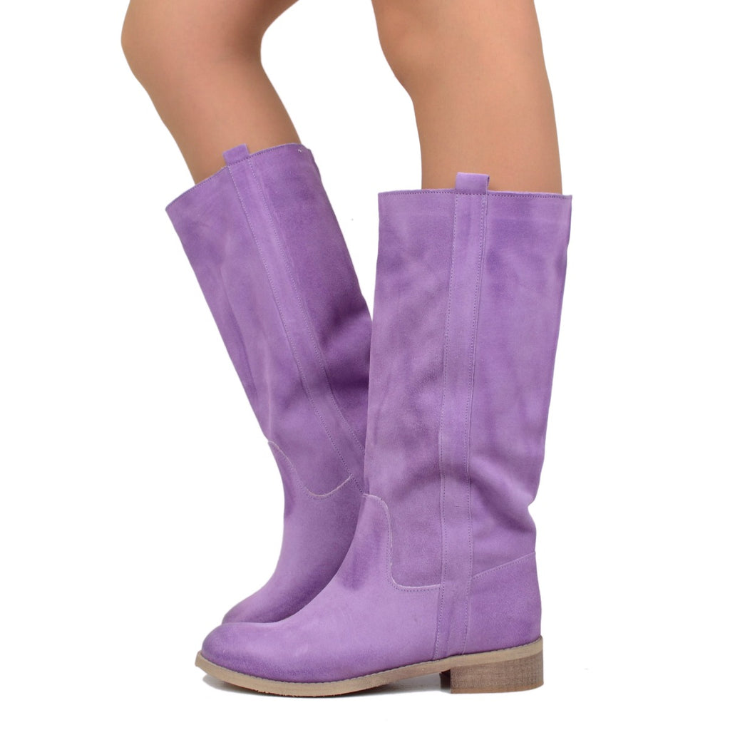 Camperos Women's Boots in Lilac Suede Leather Made in Italy
