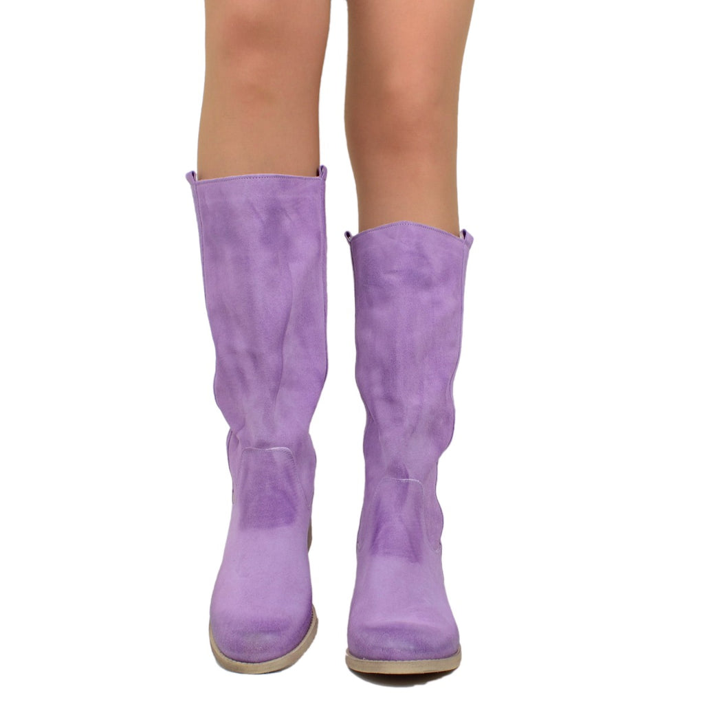 Camperos Women's Boots in Lilac Suede Leather Made in Italy - 3