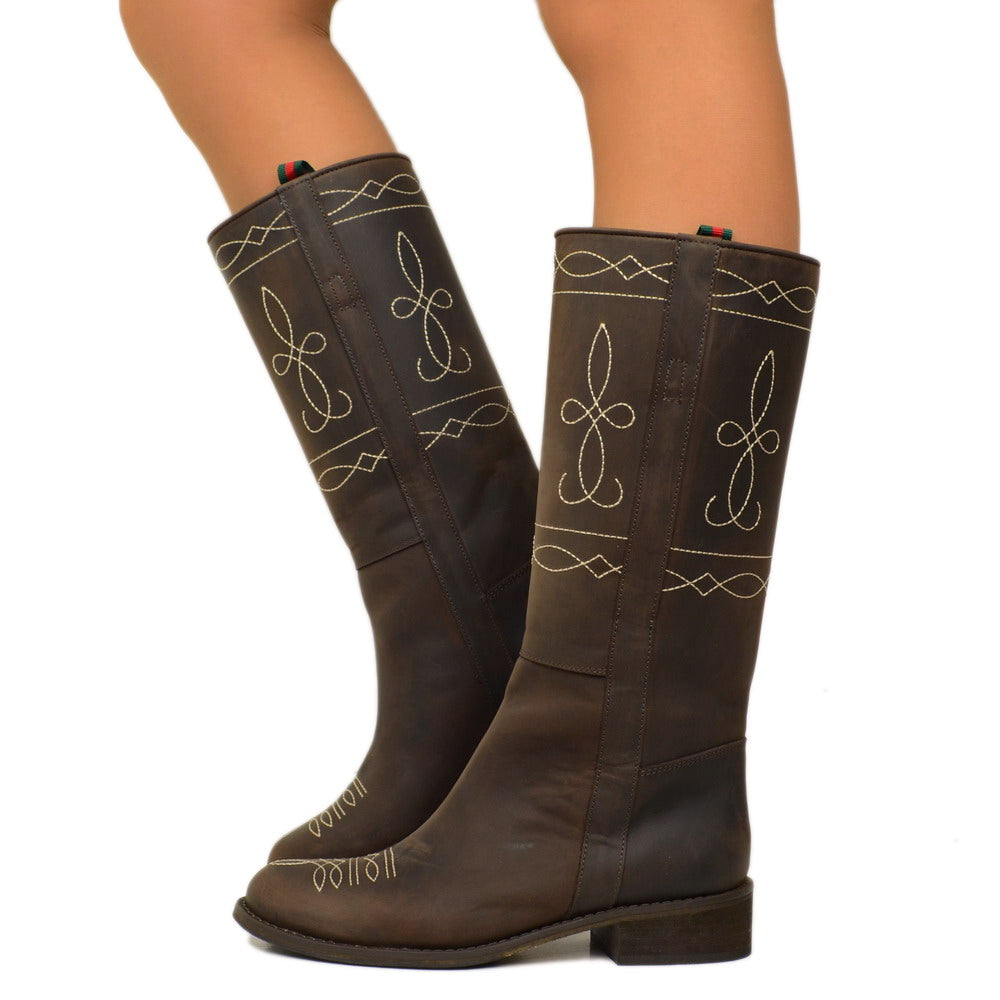 Camperos Women's Boots in Brown Nubuck Leather with Embroideries