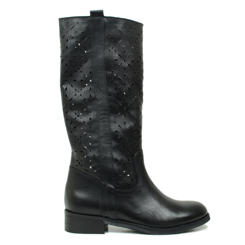 Stivali Donna Traforati in Pelle Neri Made in Italy