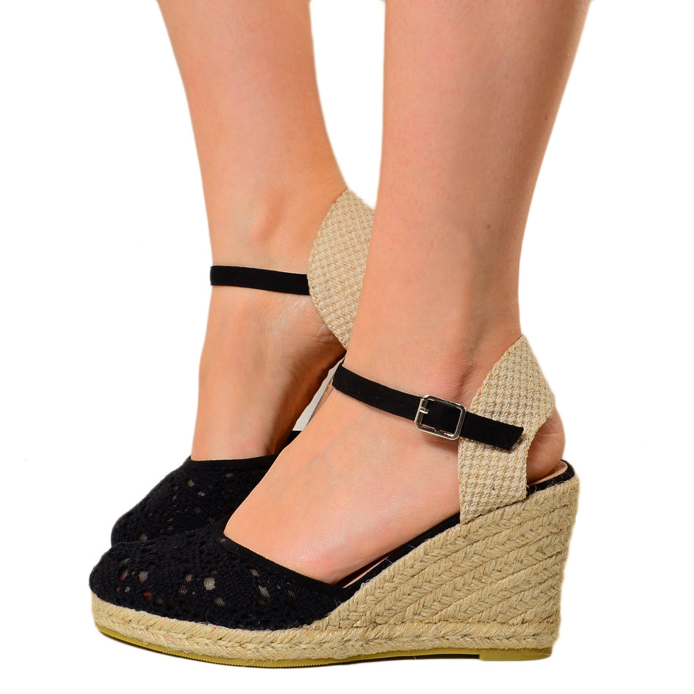 Campesine Black Espadrilles with Lace Rope Wedge