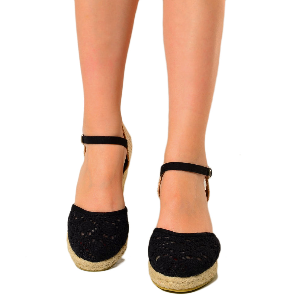Campesine Black Espadrilles with Lace Rope Wedge - 3