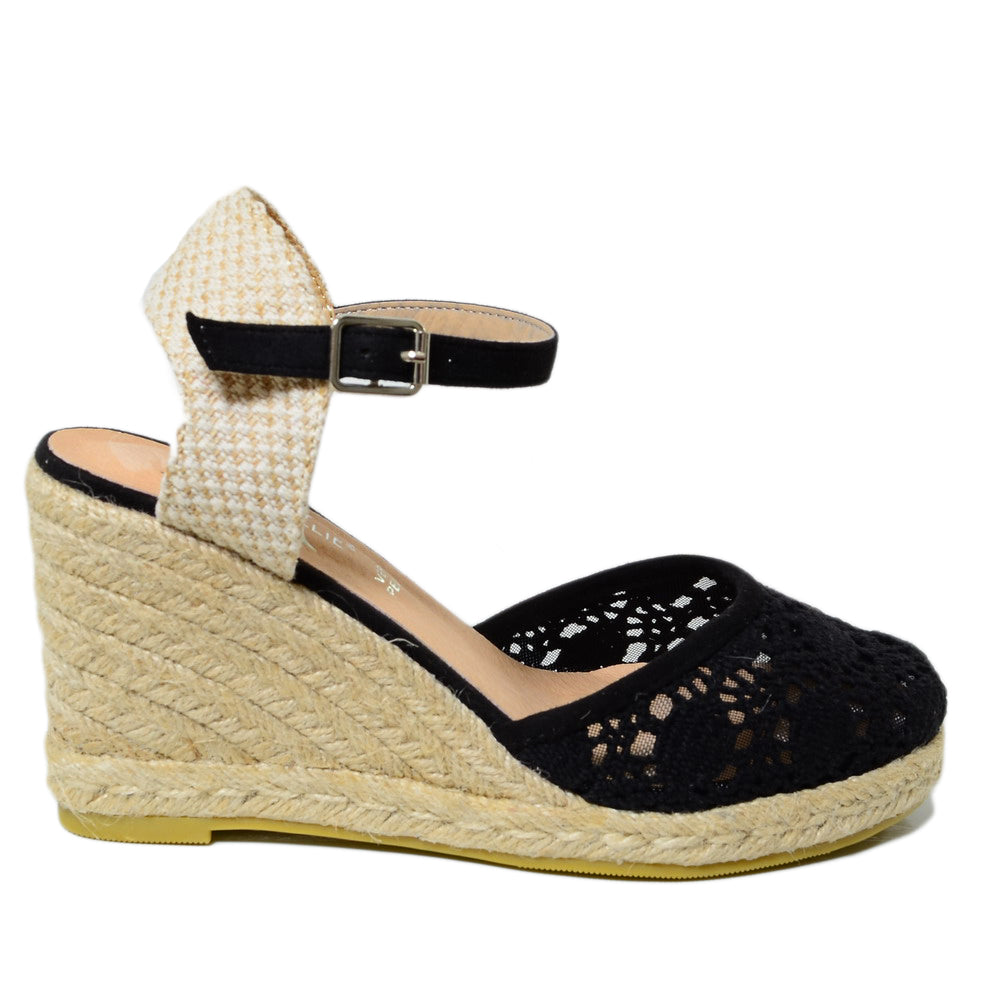 Campesine Black Espadrilles with Lace Rope Wedge - 2