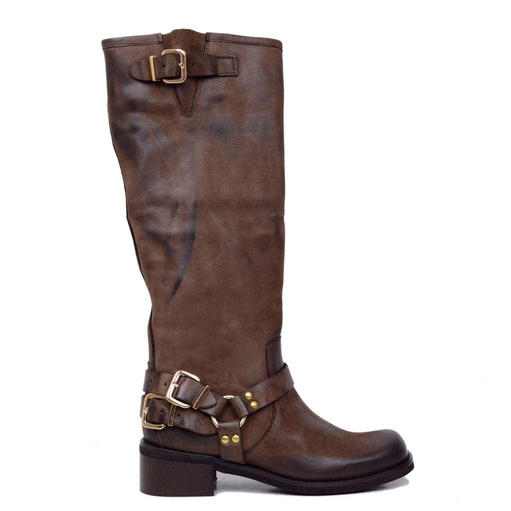 Women's Boots in Dark Brown Nubuck with Buckles Made in Italy - 2