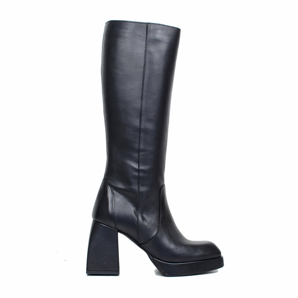 Women's Square Toe Boots in Black Leather with Platform - 2