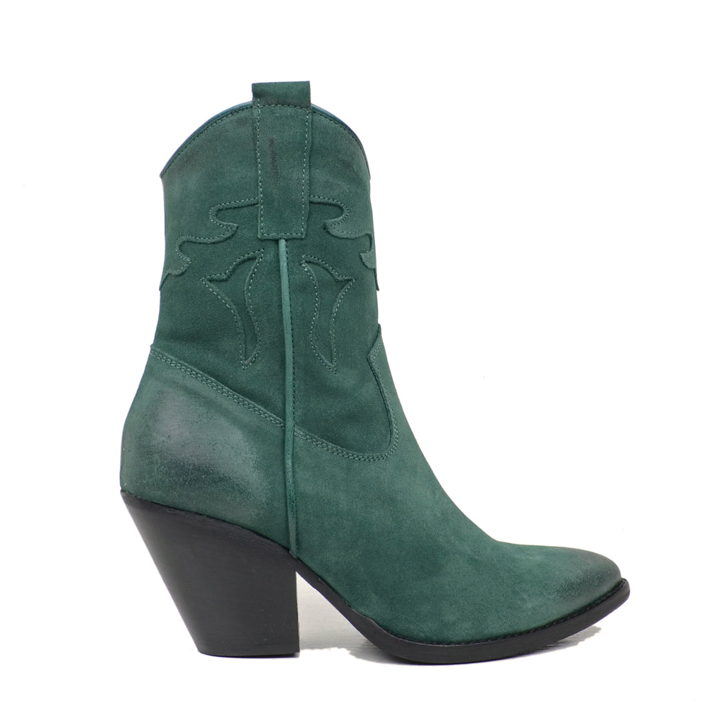 Women's Cowboy Boots in Bottle Green Suede Leather with Zip - 2