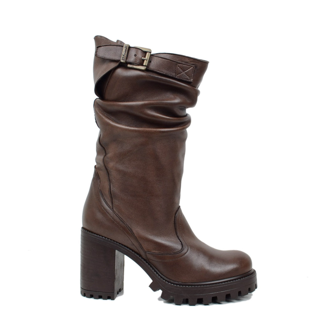Braune Lederstiefel für Damen mit hohem Absatz, hergestellt in Italien - 2