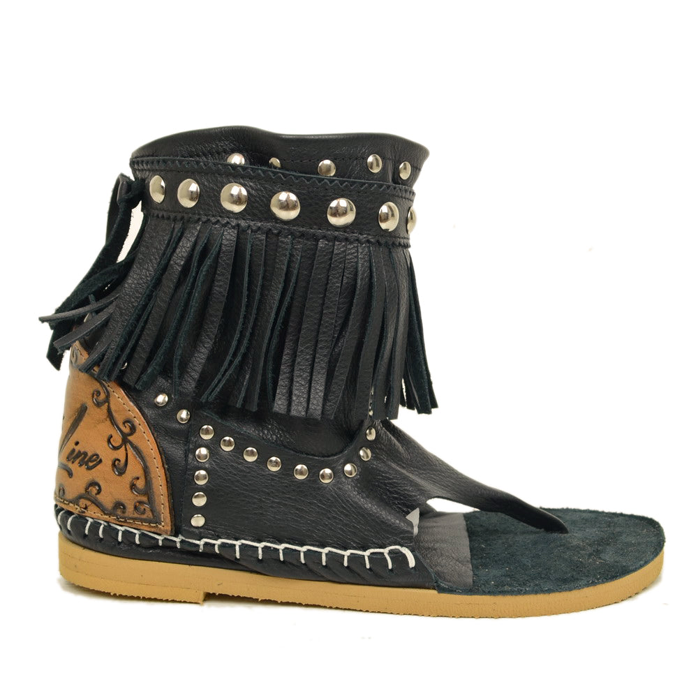 Women's Ankle Boots Indianini Black Flip Flops with Fringes - 2