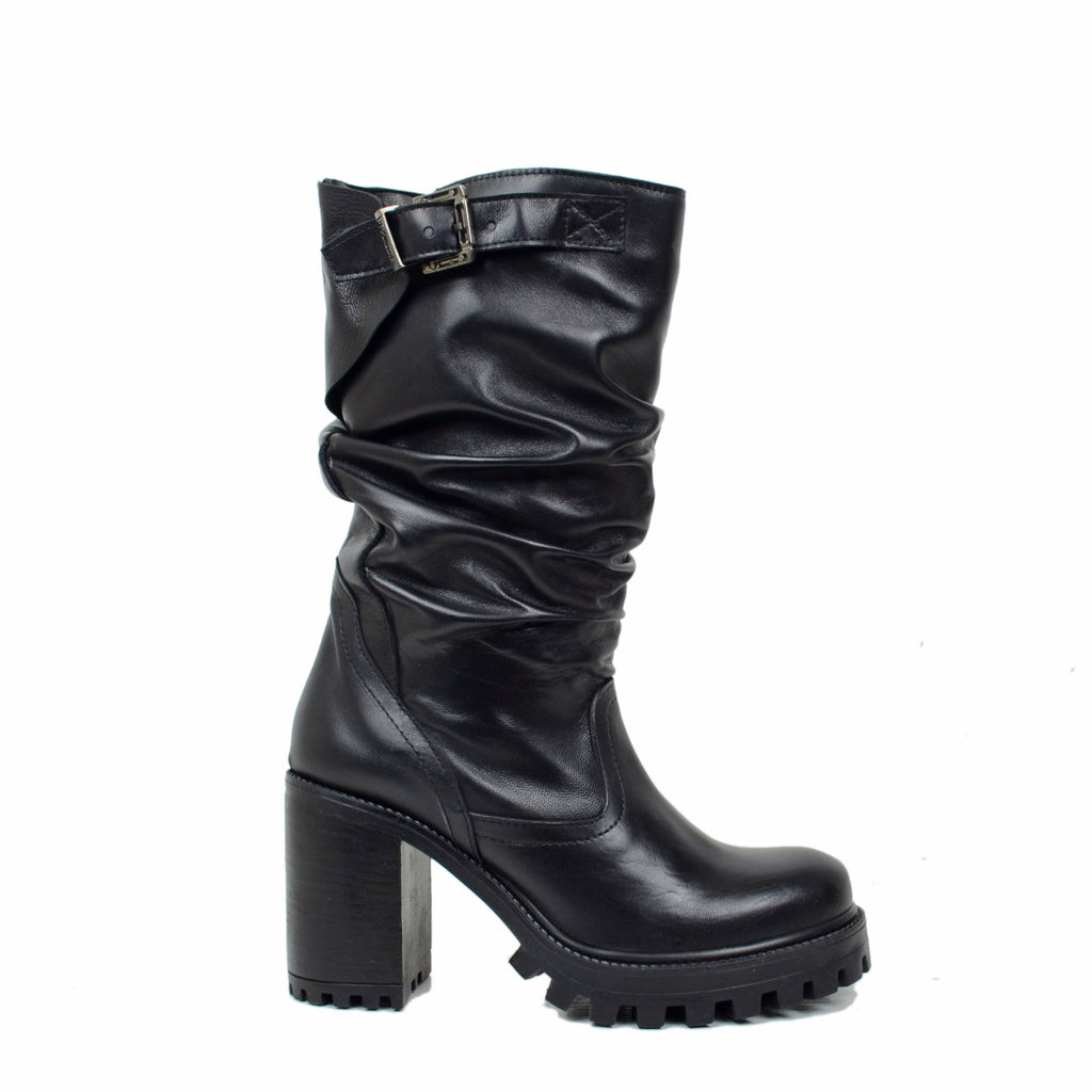 Schwarze Damen-Lederstiefel mit hohen Absätzen, hergestellt in Italien - 2