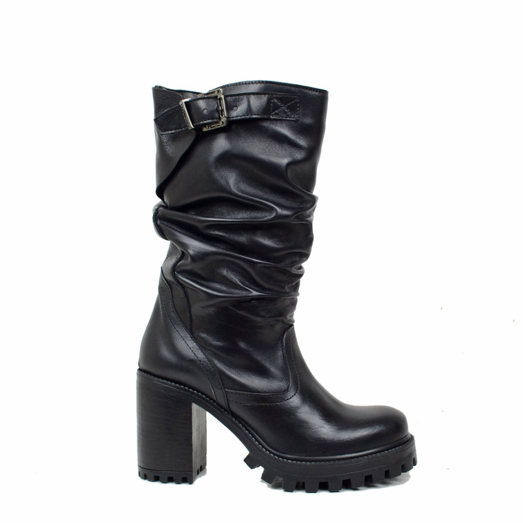 Women's Black Leather Boots with High Heels Made in Italy - 2