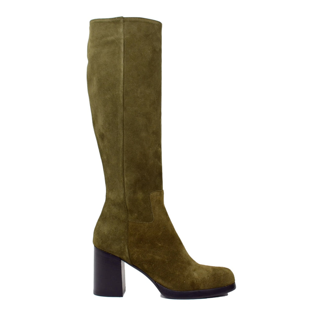 Damenstiefel mit quadratischer Spitze aus grünem Wildleder, hergestellt in Italien - 2