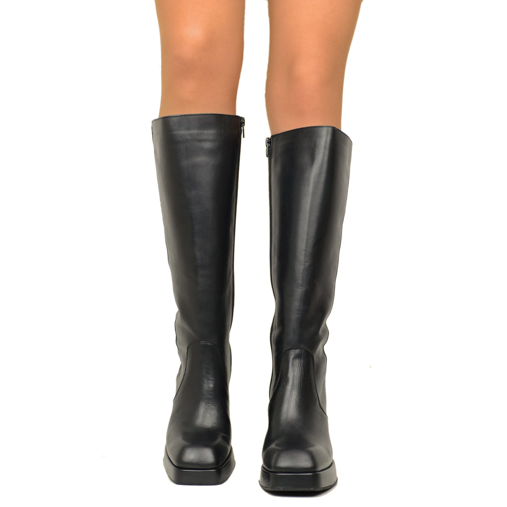Women's Square Toe Boots in Black Leather with Platform - 3