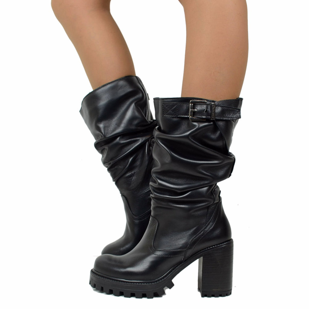 Women's Black Leather Boots with High Heels Made in Italy