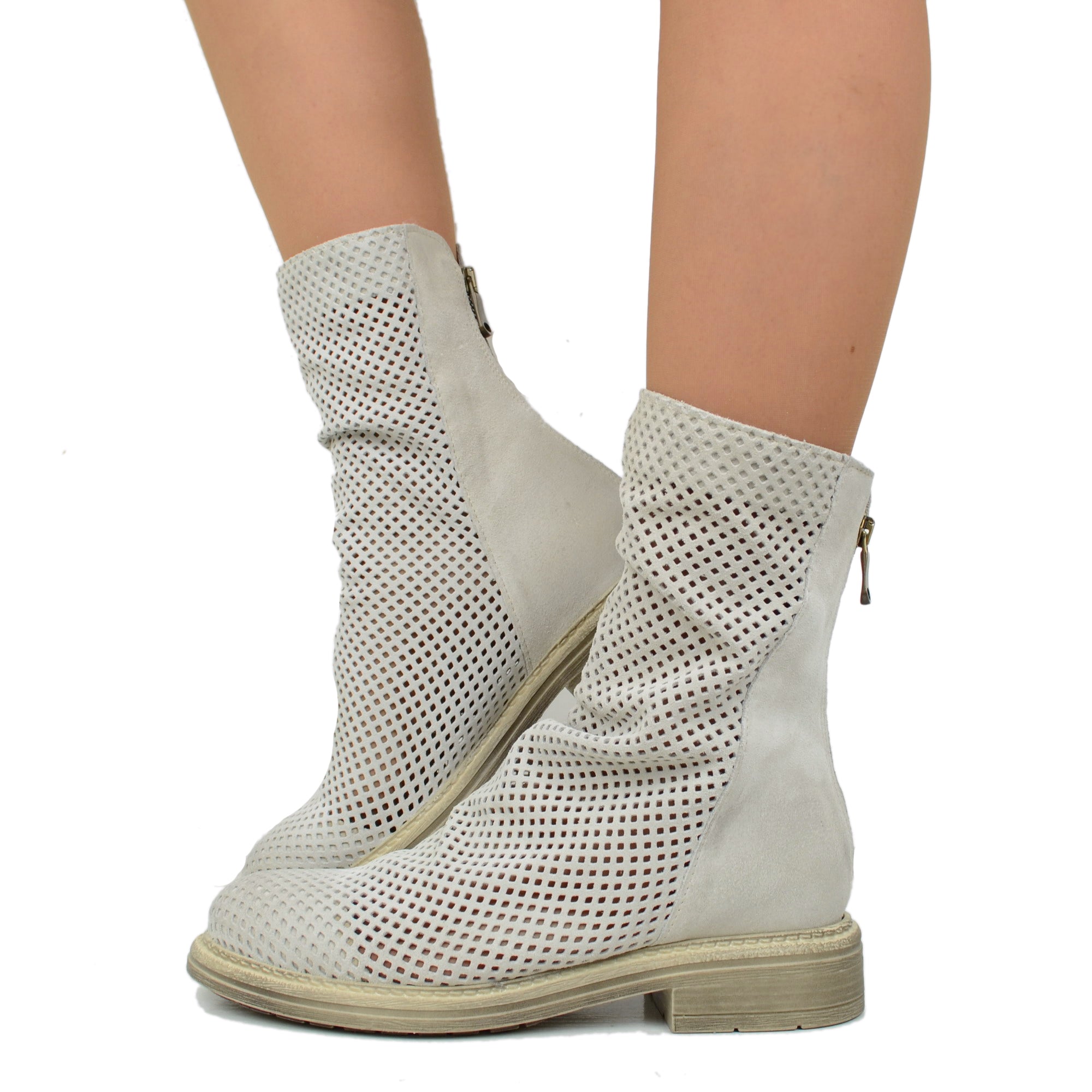 Women s Biker Ankle Boots in Offwhite Perforated Leather with Zip KikkiLine Calzature