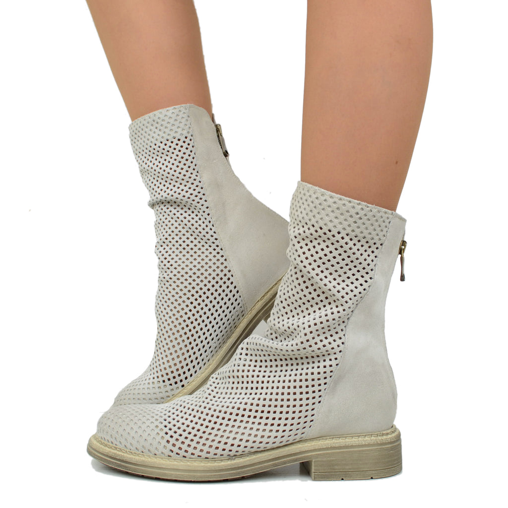 Perforated Women's Biker Ankle Boots in Offwhite Leather Made in Italy