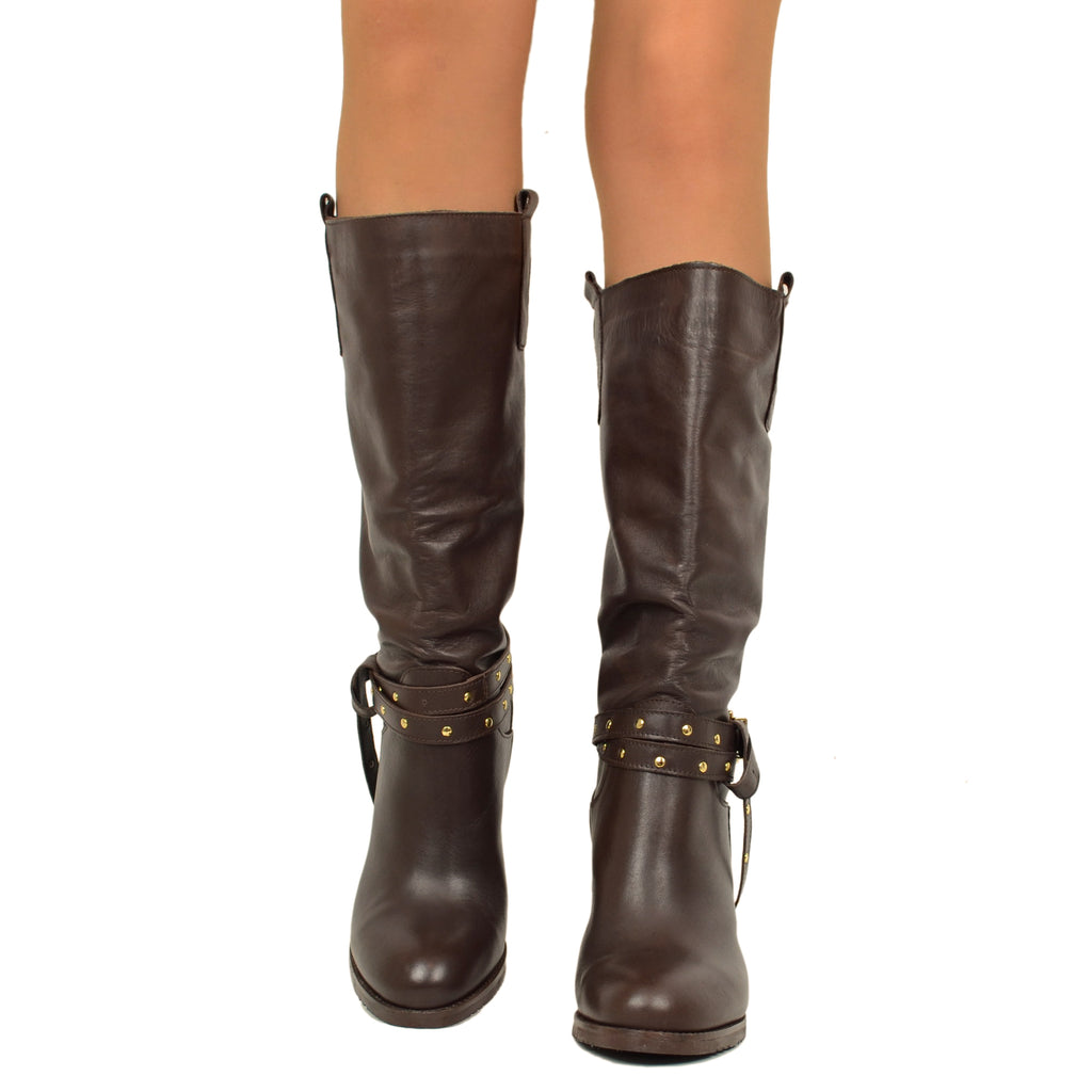 Women's Dark Brown Leather Boots with Anklet Made in Italy - 3