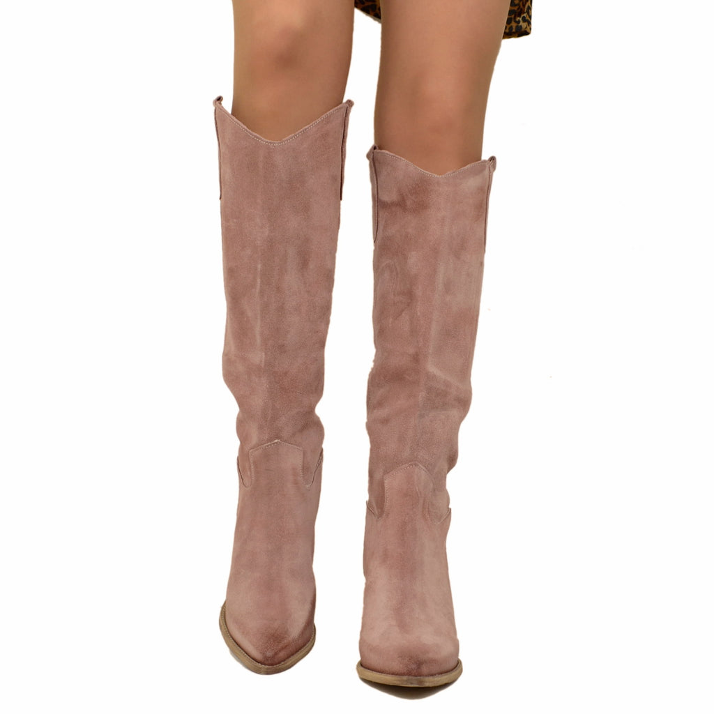 Stivali Texani Donna Alti in Pelle Scamosciata Cipria Made in Italy - 3