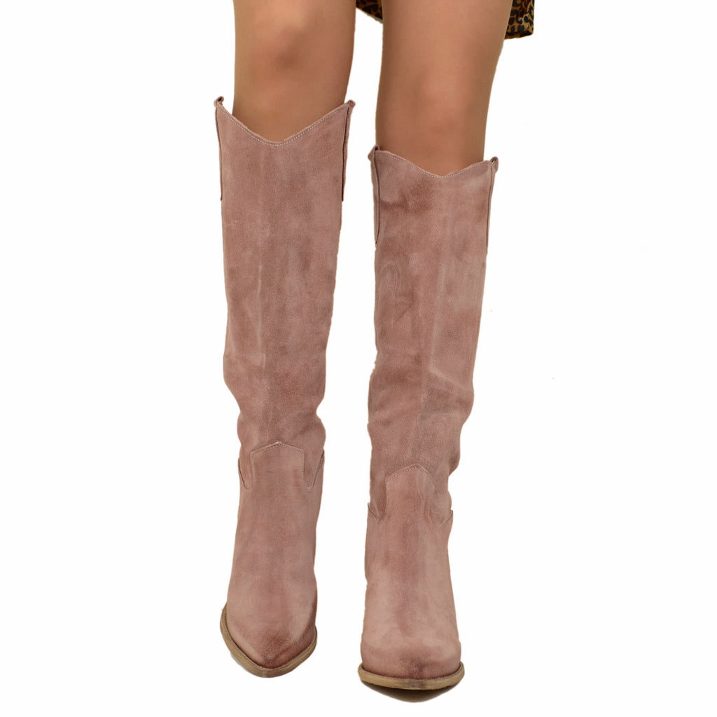 Women's Tall Texan Boots in Powder Pink Suede Leather Made in Italy - 3