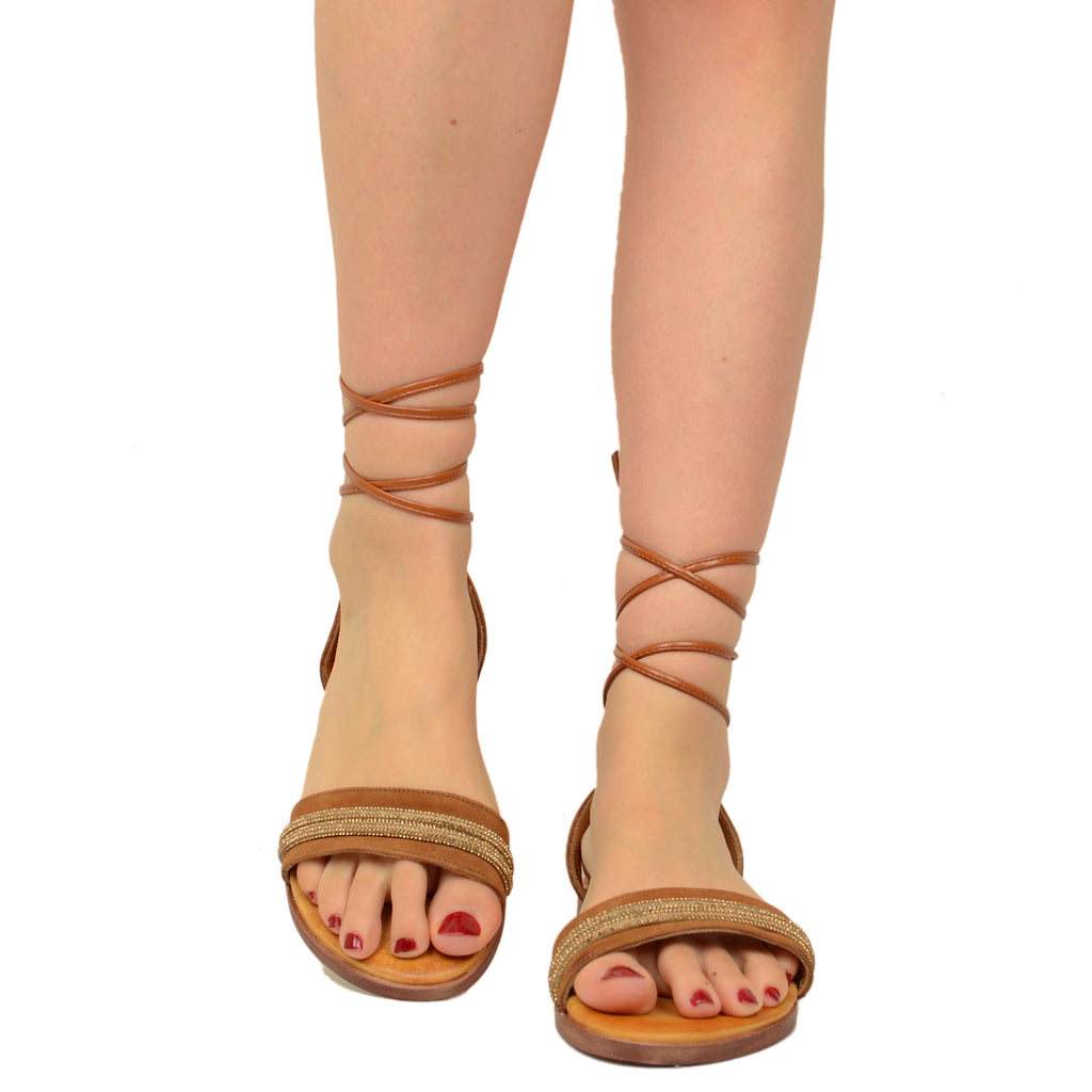 Slave Sandals in Tan Suede Leather with Rhinestones - 3
