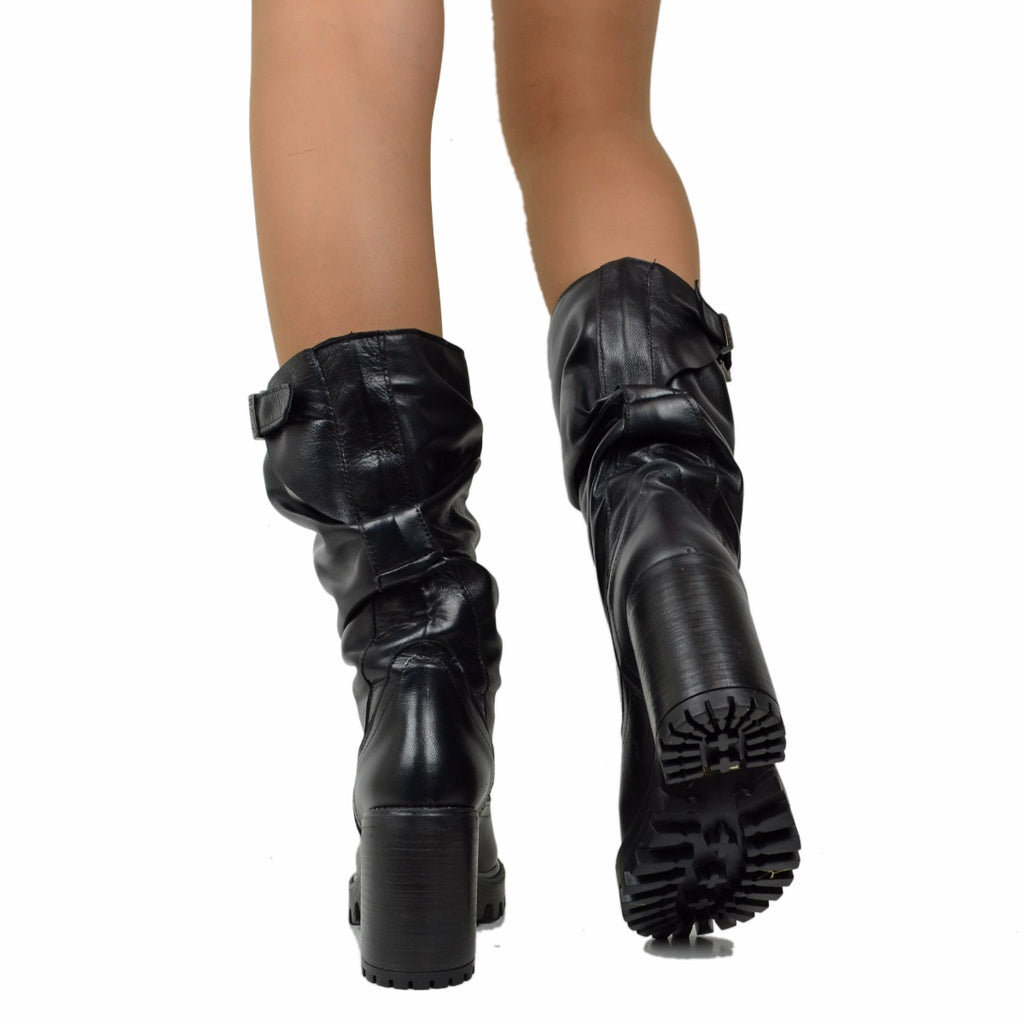 Women's Black Leather Boots with High Heels Made in Italy - 5