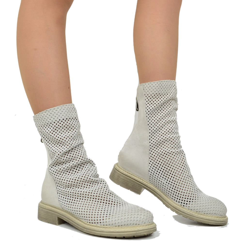 Perforated Women's Biker Ankle Boots in Offwhite Leather Made in Italy - 4