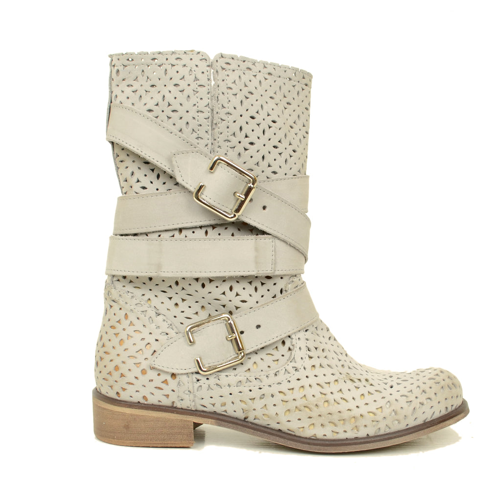 Biker Boots Perforated Ankle Boots in Pearl Nubuck Leather - 2