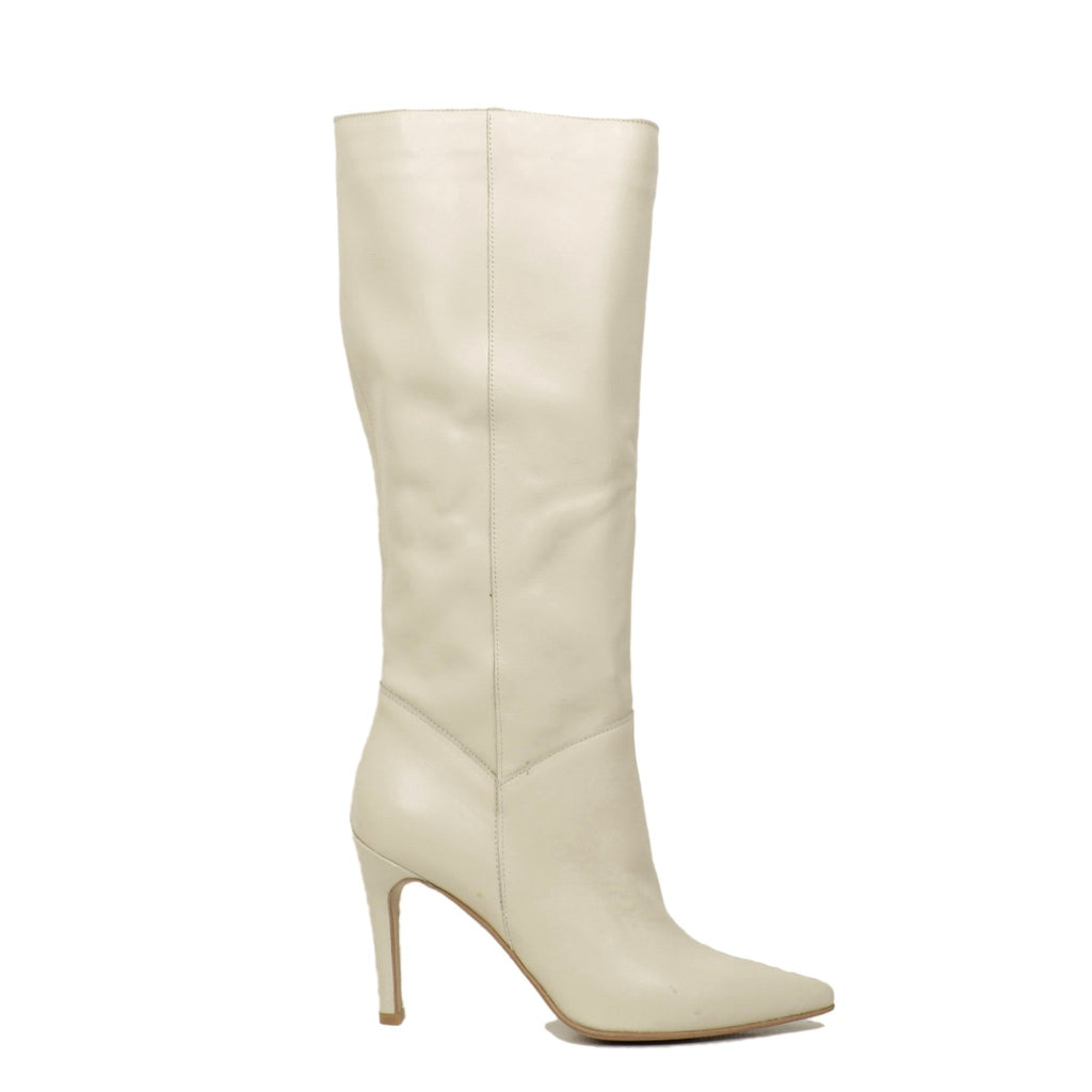 Women's White Leather Boots with Stiletto Heel Made in Italy - 2
