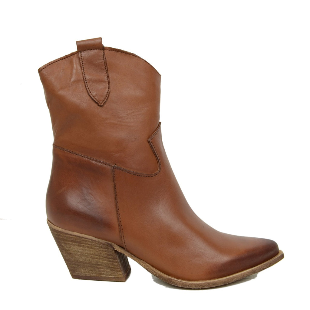 Texanische Damen-Stiefeletten aus hellbraunem Leder, hergestellt in Italien - 2