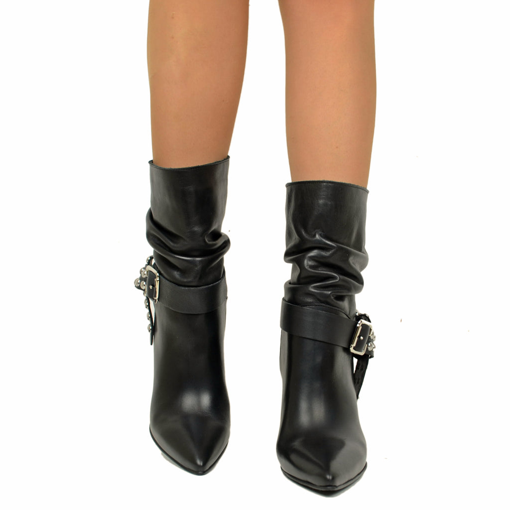 Black Leather Stiletto Heel Boots Anklet with Studs - 4