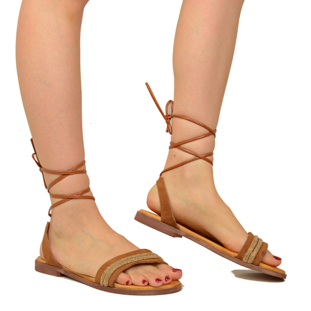 Slave Sandals in Tan Suede Leather with Rhinestones - 2