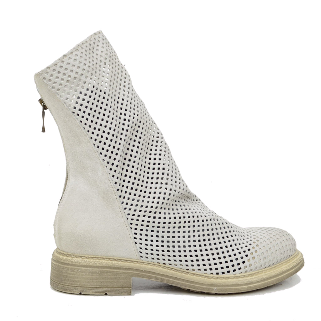 Perforated Women's Biker Ankle Boots in Offwhite Leather Made in Italy - 2
