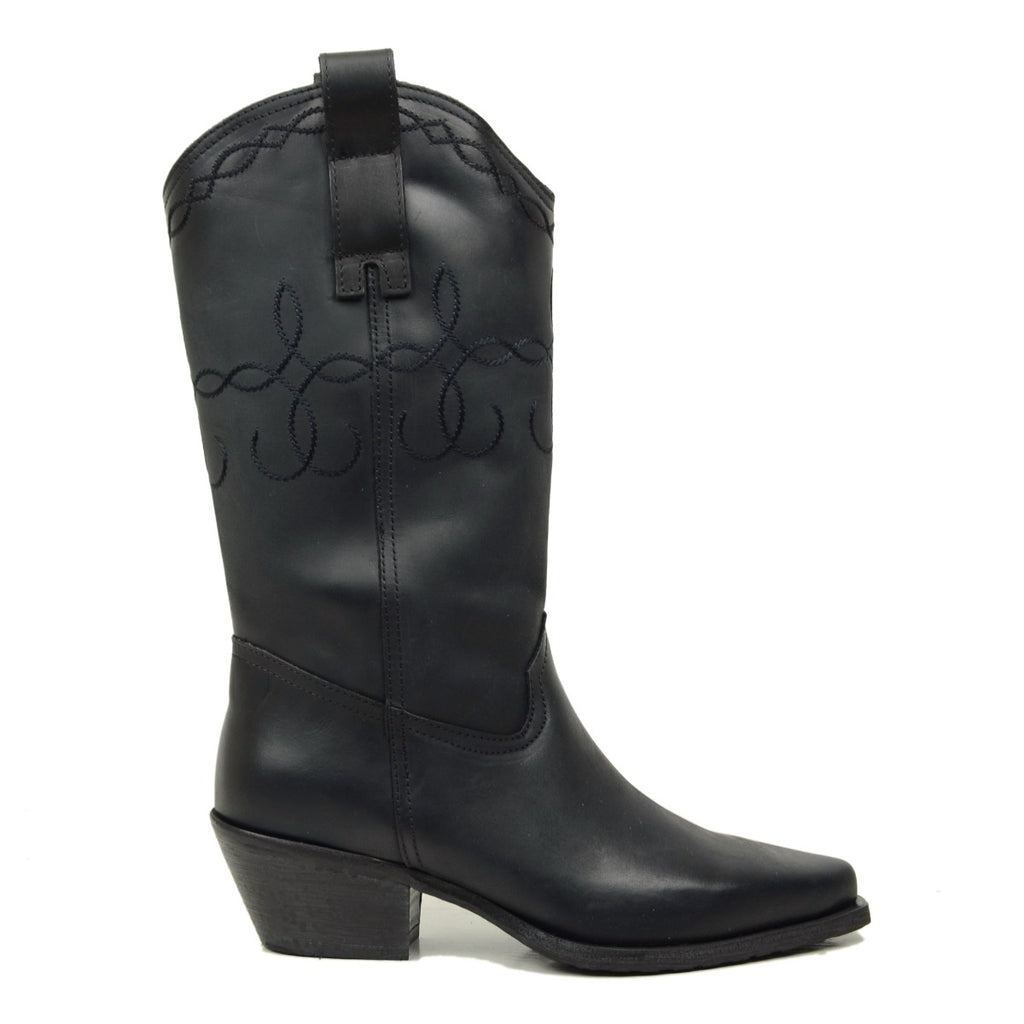 Schwarze Texan-Stiefel aus Nubukleder mit Nähten und seitlichem Reißverschluss - 2