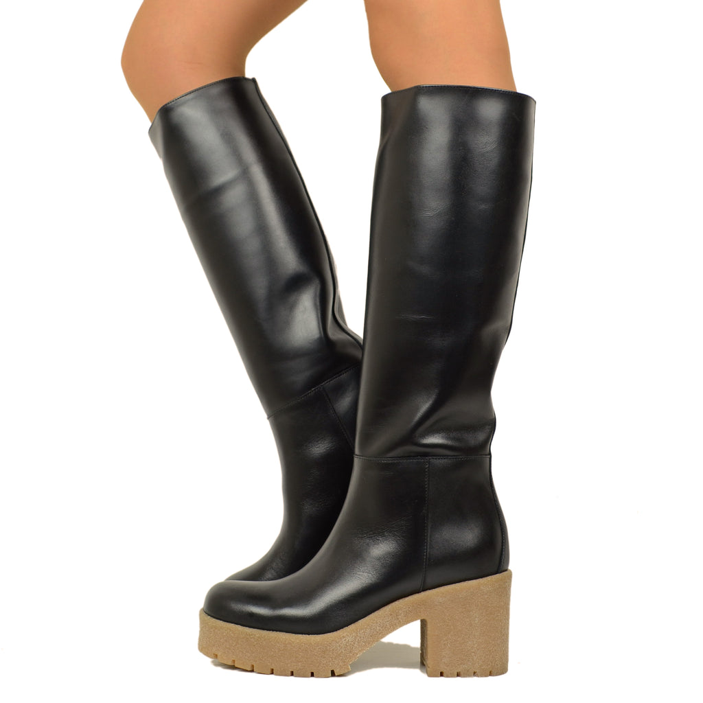 Women's Black Leather Boots Para Made in Italy