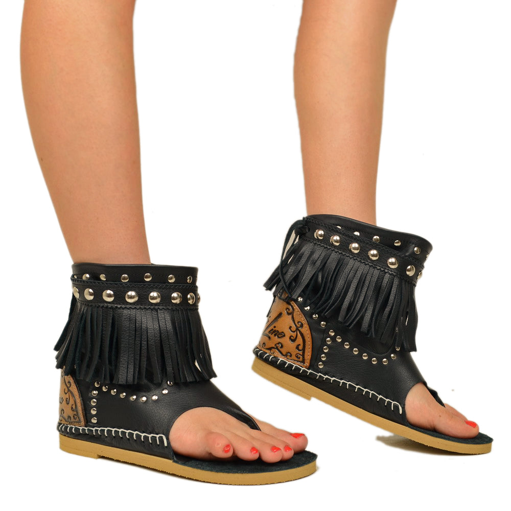 Women's Ankle Boots Indianini Black Flip Flops with Fringes - 4
