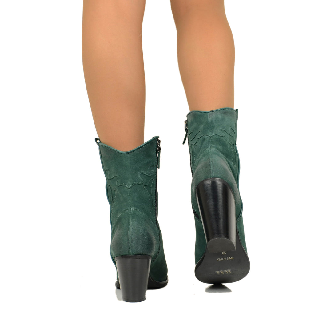 Women's Cowboy Boots in Bottle Green Suede Leather with Zip - 5