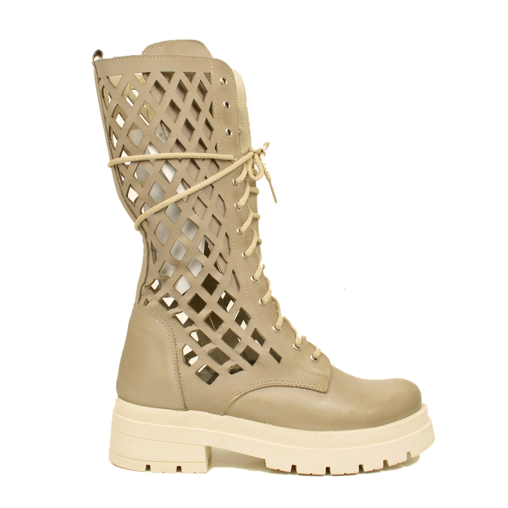 Perforated Women's Biker Boots in Beige Leather Made in Italy - 2