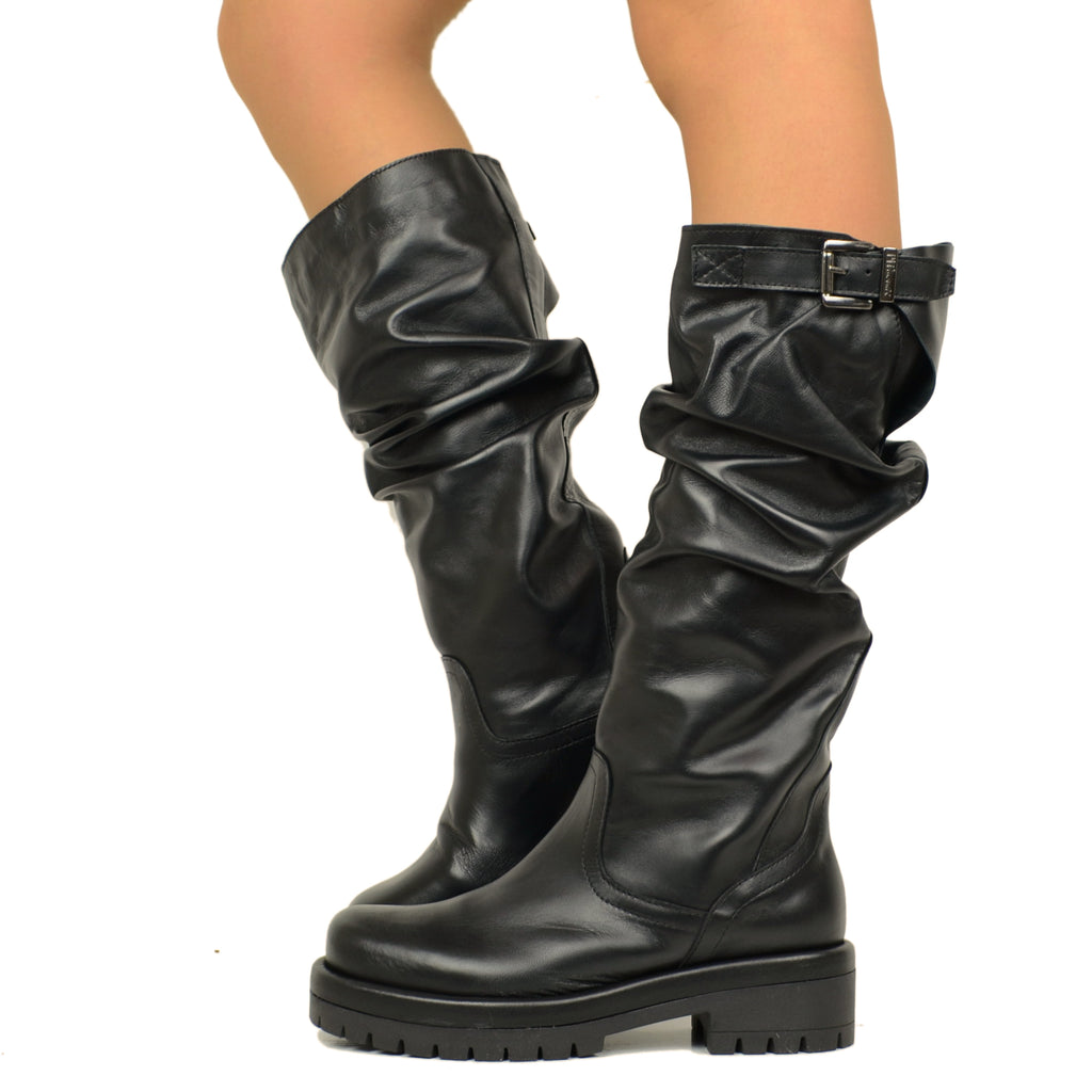 Women's Black Leather Biker Boots with Adjustable Buckle