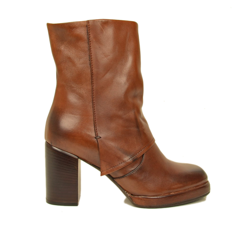 Women's Brown Over the Ankle Ankle Boots with Square Toe - 2