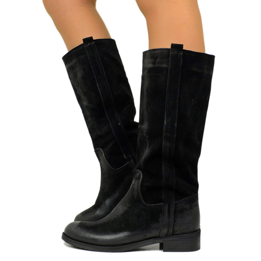 Camperos Women's Black Boots in Vintage Suede Leather