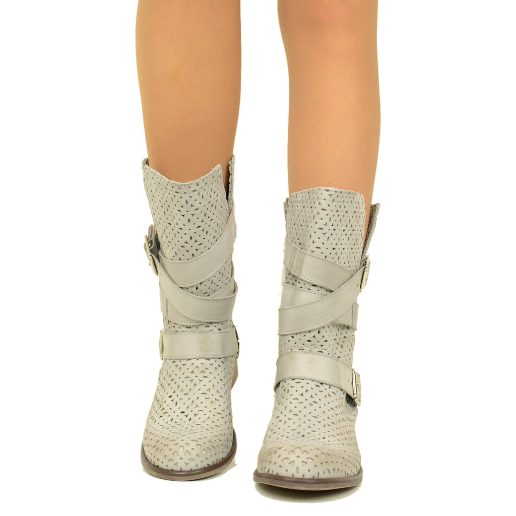Biker Boots Perforated Ankle Boots in Pearl Nubuck Leather - 3