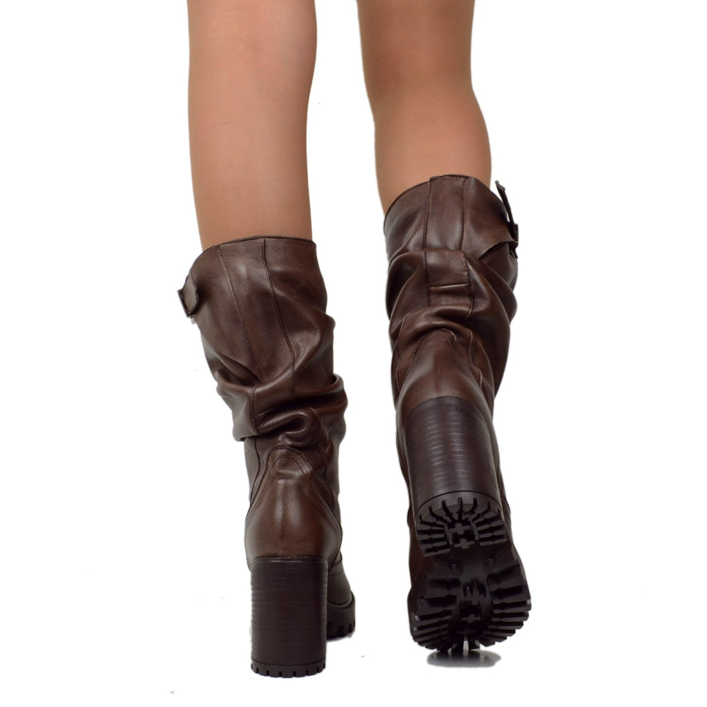 Braune Lederstiefel für Damen mit hohem Absatz, hergestellt in Italien - 5