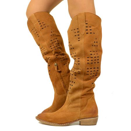 Perforated Leather Texan Boots in Suede Made in Italy