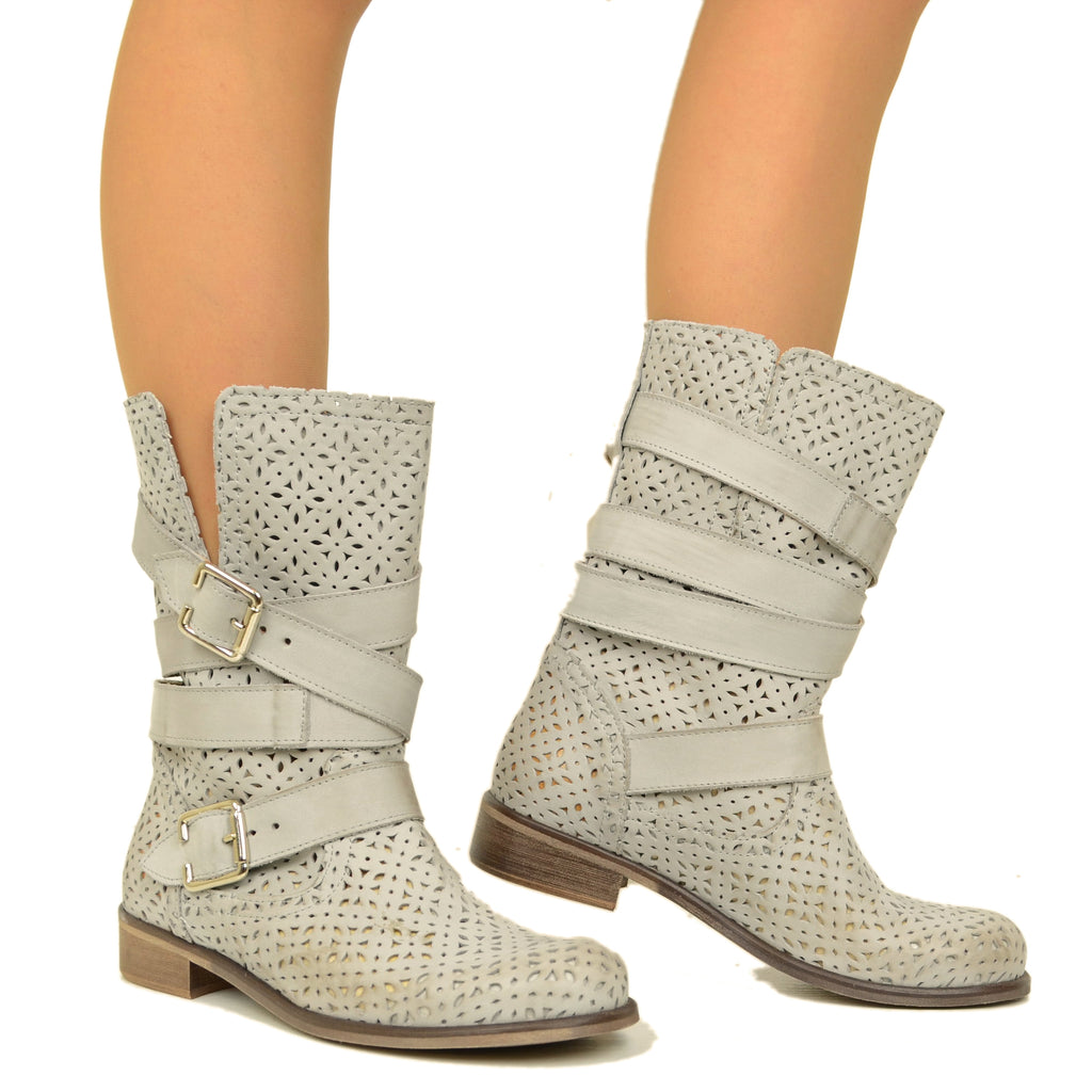 Biker Boots Perforated Ankle Boots in Pearl Nubuck Leather - 5