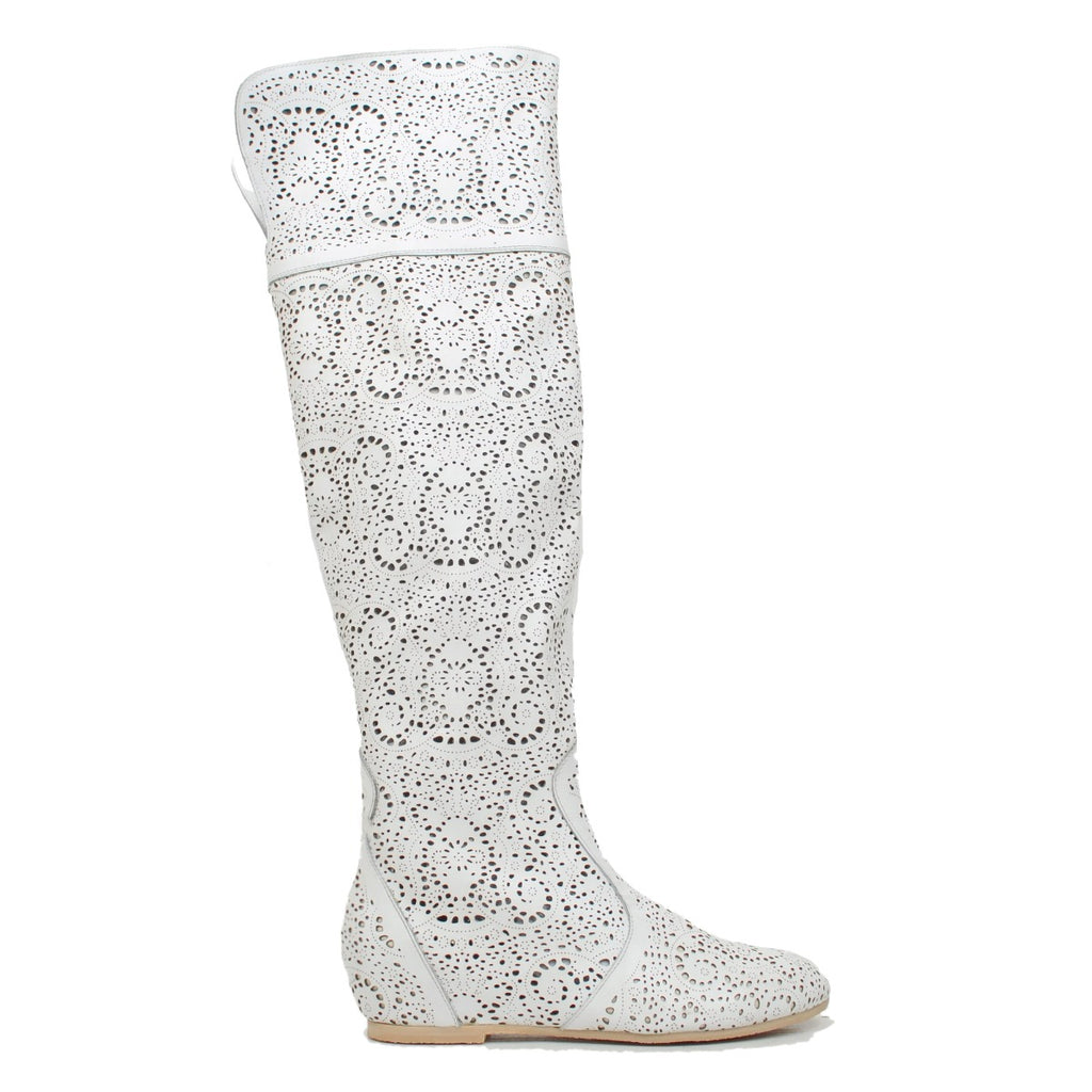 White Leather Perforated Knee High Cuissardes Boots - 3