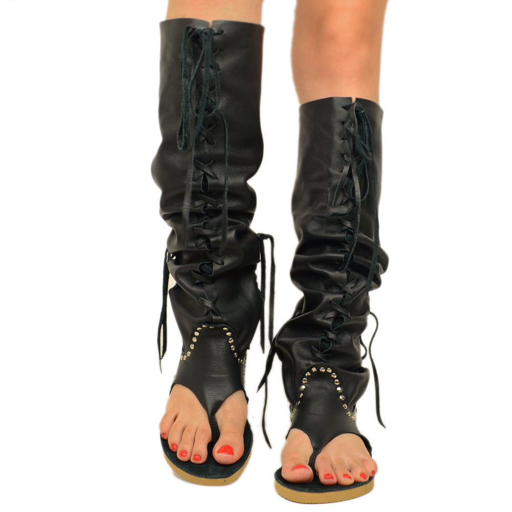 Indianini Schwarze Flip-Flop-Stiefel für Damen mit Schnürsenkeln - 4