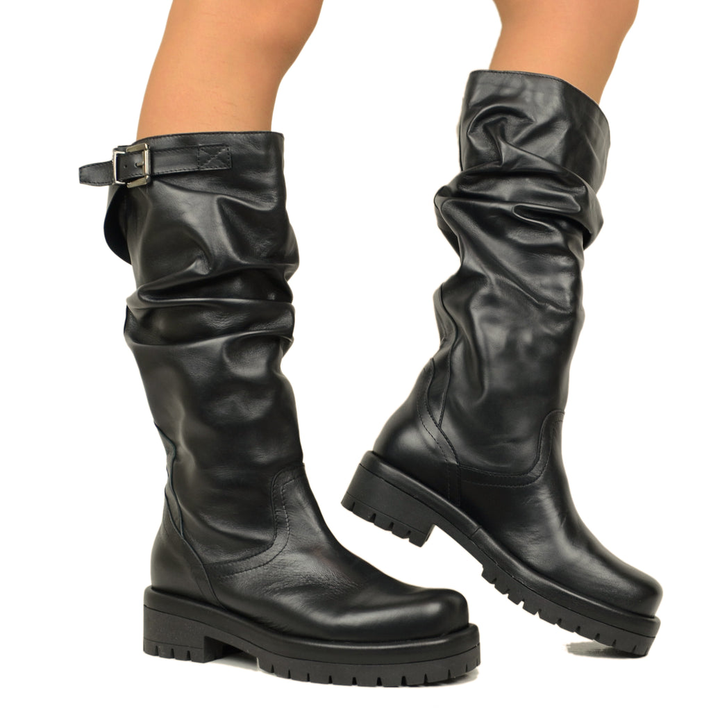 Women's Black Leather Biker Boots with Adjustable Buckle - 5